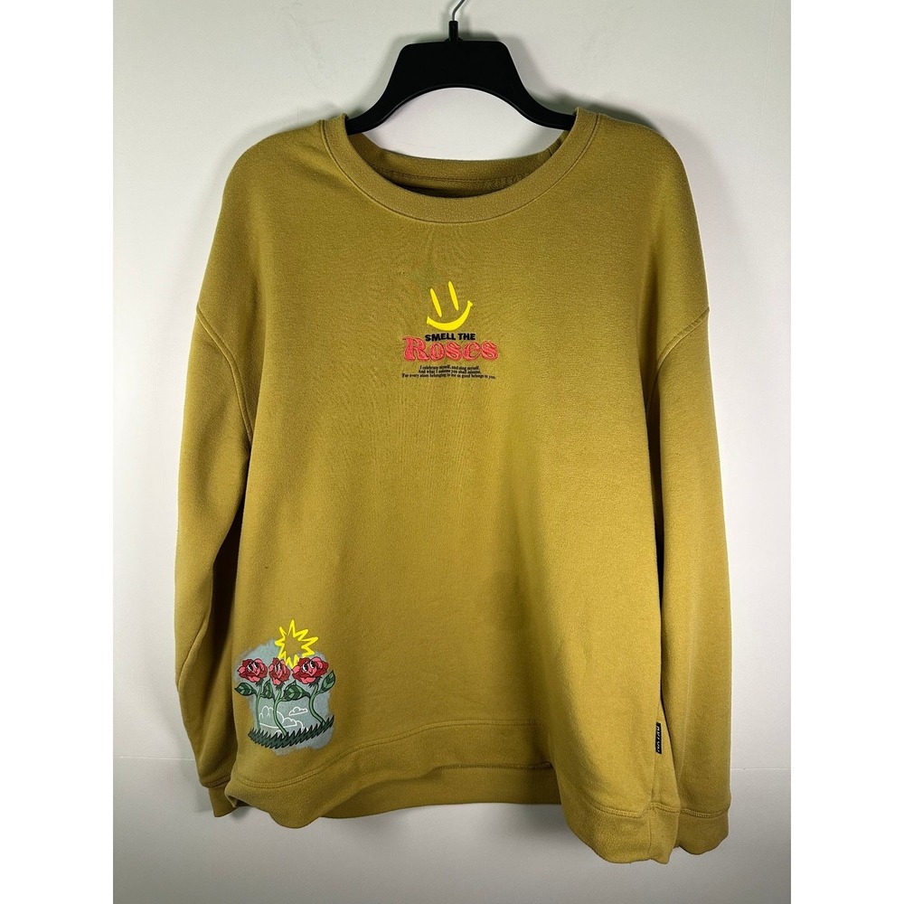 Brixton Sweatshirt Mens XL Graphic Crewneck Smell The Roses Back Print Mustard